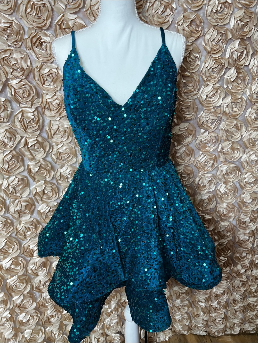 Teal Sequin Party Dress with Handkerchief Hem